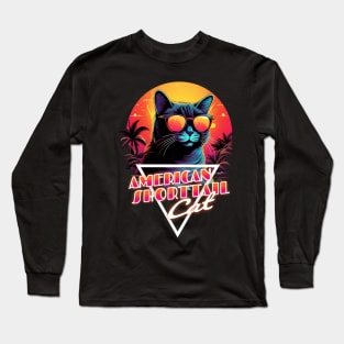 Retro Wave American Shorttail Cat Miami Shirt Long Sleeve T-Shirt